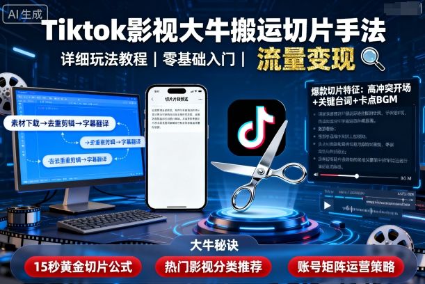 Tiktok影视大牛搬运切片手法，详细玩法教程-生财