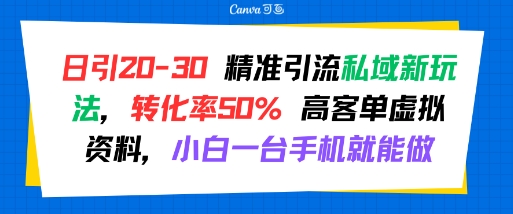日引 20-30 精准引流私域新玩法,转化率50% 高客单虚拟资料,小白一台手机就能做-生财