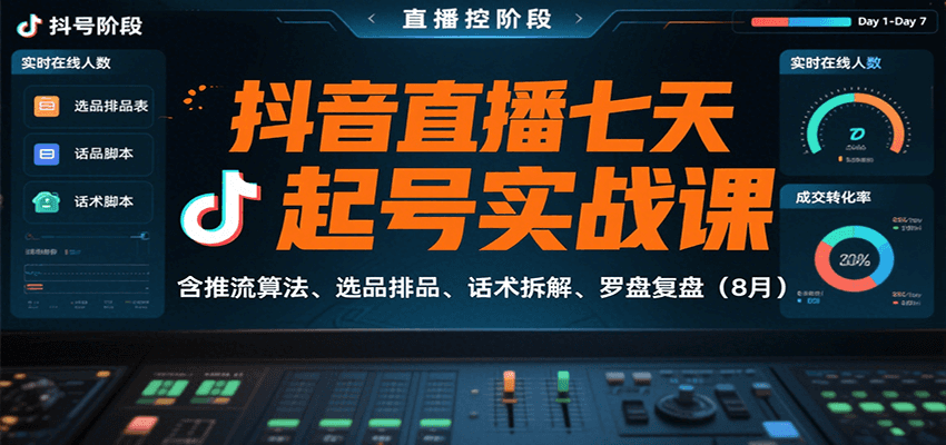 抖音直播七天起号实战课:含推流算法、选品排品、话术拆解、罗盘复盘(8月)-生财