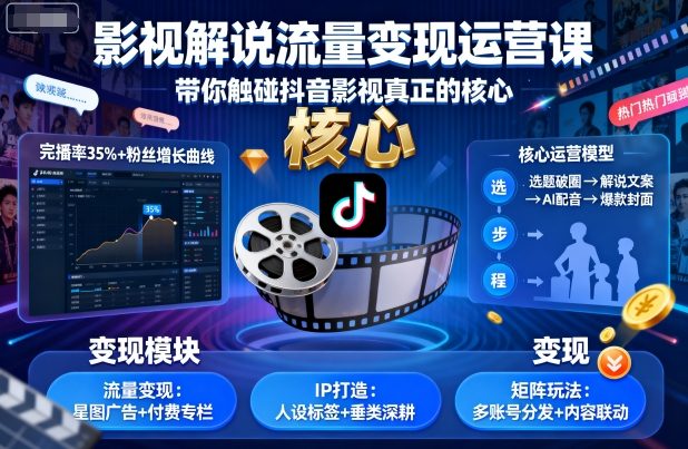 影视解说流量变现运营课,带你触碰抖音影视真正的核心-生财