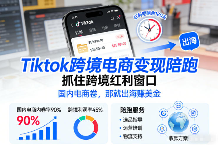 Tiktok跨境电商变现陪跑，抓住跨境红利窗口，国内电商卷，那就出海賺美金-生财