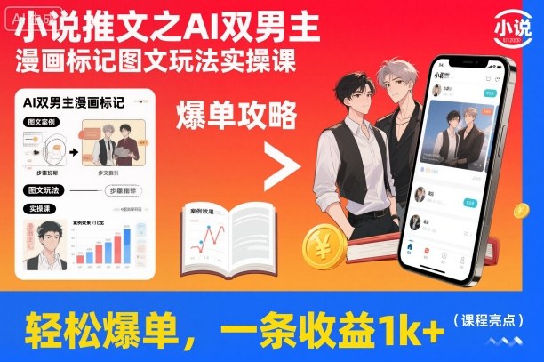 小说推文之AI双男主漫画标记图文玩法实操课，轻松爆单，一条收益1k+-生财