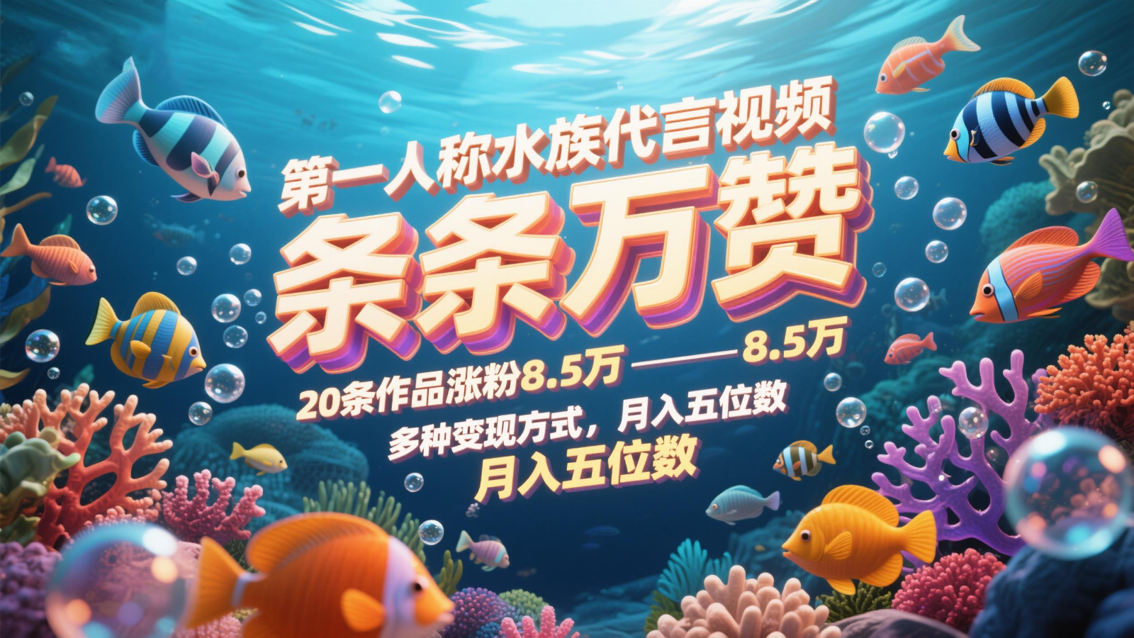 第一人称水族代言视频，条条万赞，20条作品涨粉8.5万，多种变现方式月，入五位数-生财