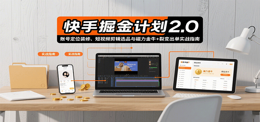 快手掘金计划2.0,账号定位装修、短视频剪辑选品与磁力金牛+裂变出单实战指南-生财