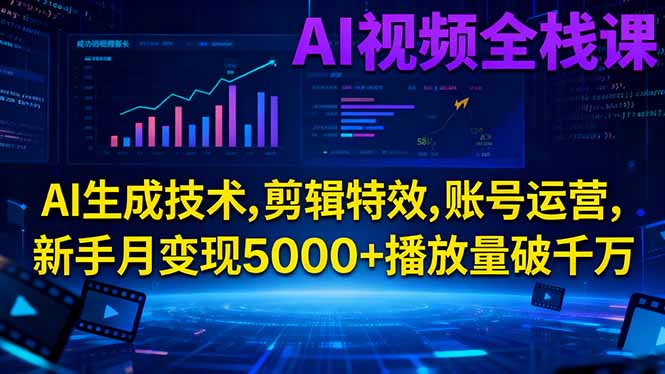 AI视频全栈课:AI生成技术,剪辑特效,账号运营,新手月变现5000+播放量破千万-生财