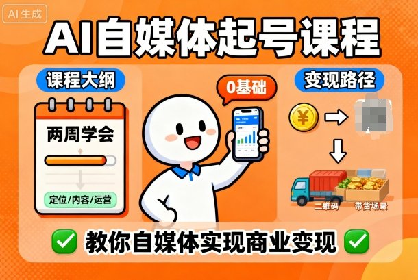 AI自媒体起号课程，0基础小白两周学会，教你自媒体实现商业变现-生财